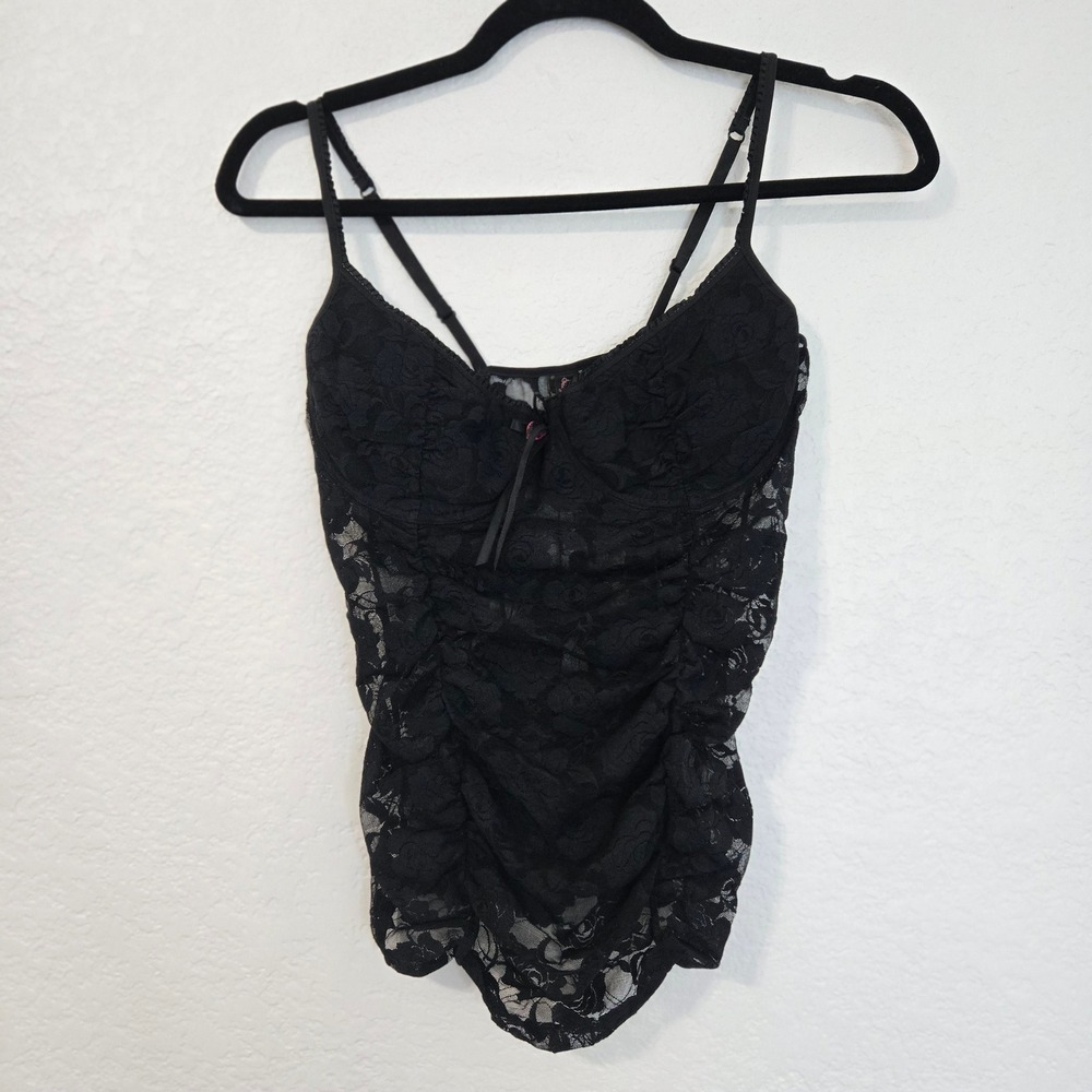 Victorias Secret Sexy Little Things Black Lace Ruched Camisole Top Heart Charm L